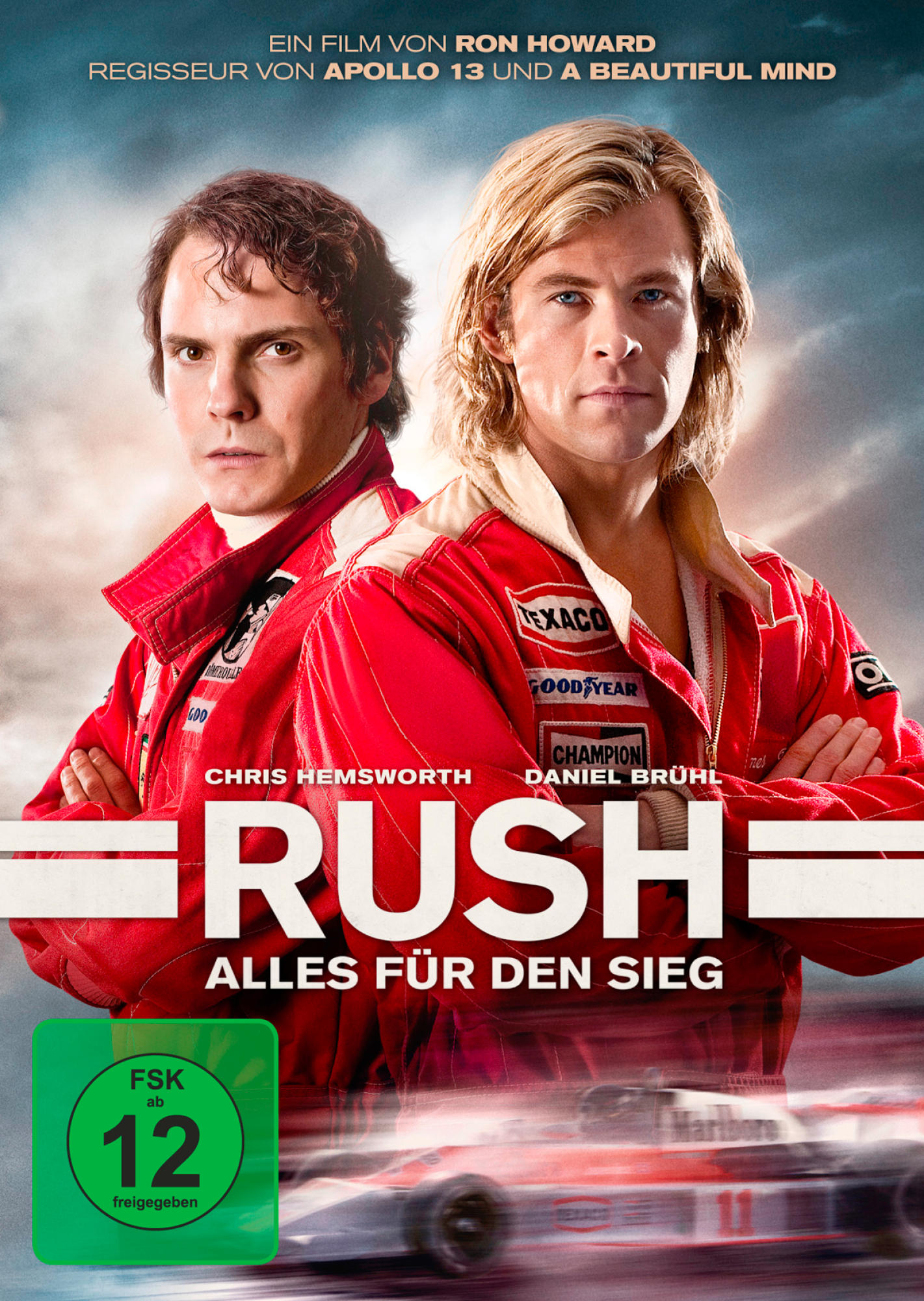 DVD-Cover: Zwei Männer in roten Rennanzügen stehen. Der Titel lautet 'Rush'.