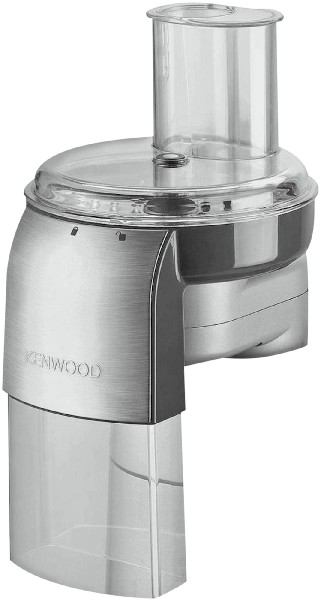 Eine silberne und transparente Kenwood Küchenmaschine. Die Vorderseite ist silber, die Rückseite transparent.