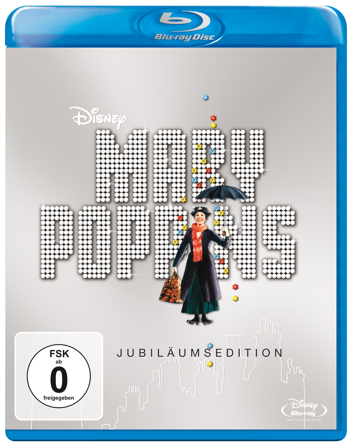 Mary Poppins Blu-ray-Cover mit der Figur, die einen Regenschirm hält, und Filmtitel.
