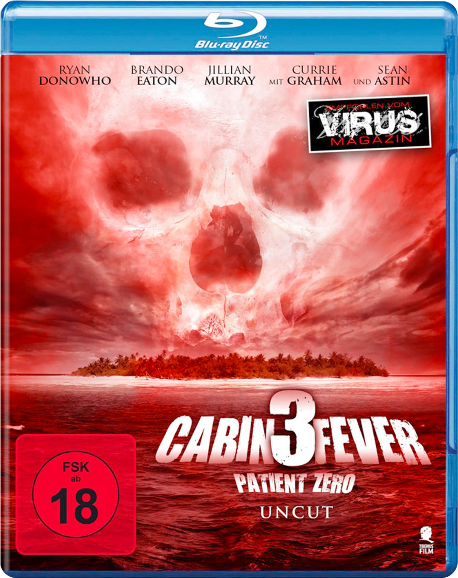 Filmposter für Cabin Fever: Patient Zero. Ein Schädel mit rotem Himmel und Insel im Wasser.
