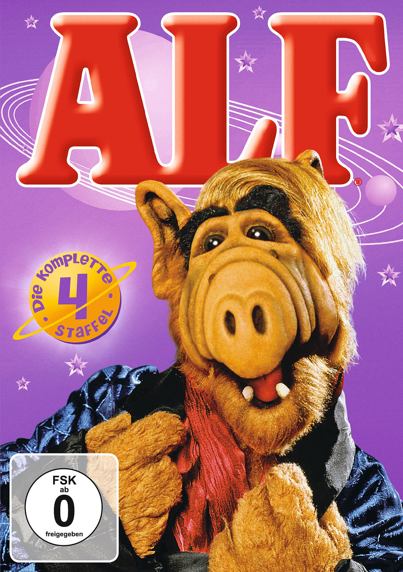 DVD-Cover von Alf. Alfs Gesicht auf dem Cover. Lila Hintergrund mit Sternen und Planeten.