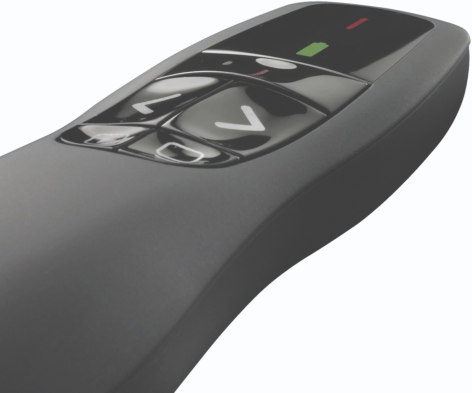 A black remote control with three buttons and a green light indicator. White background.