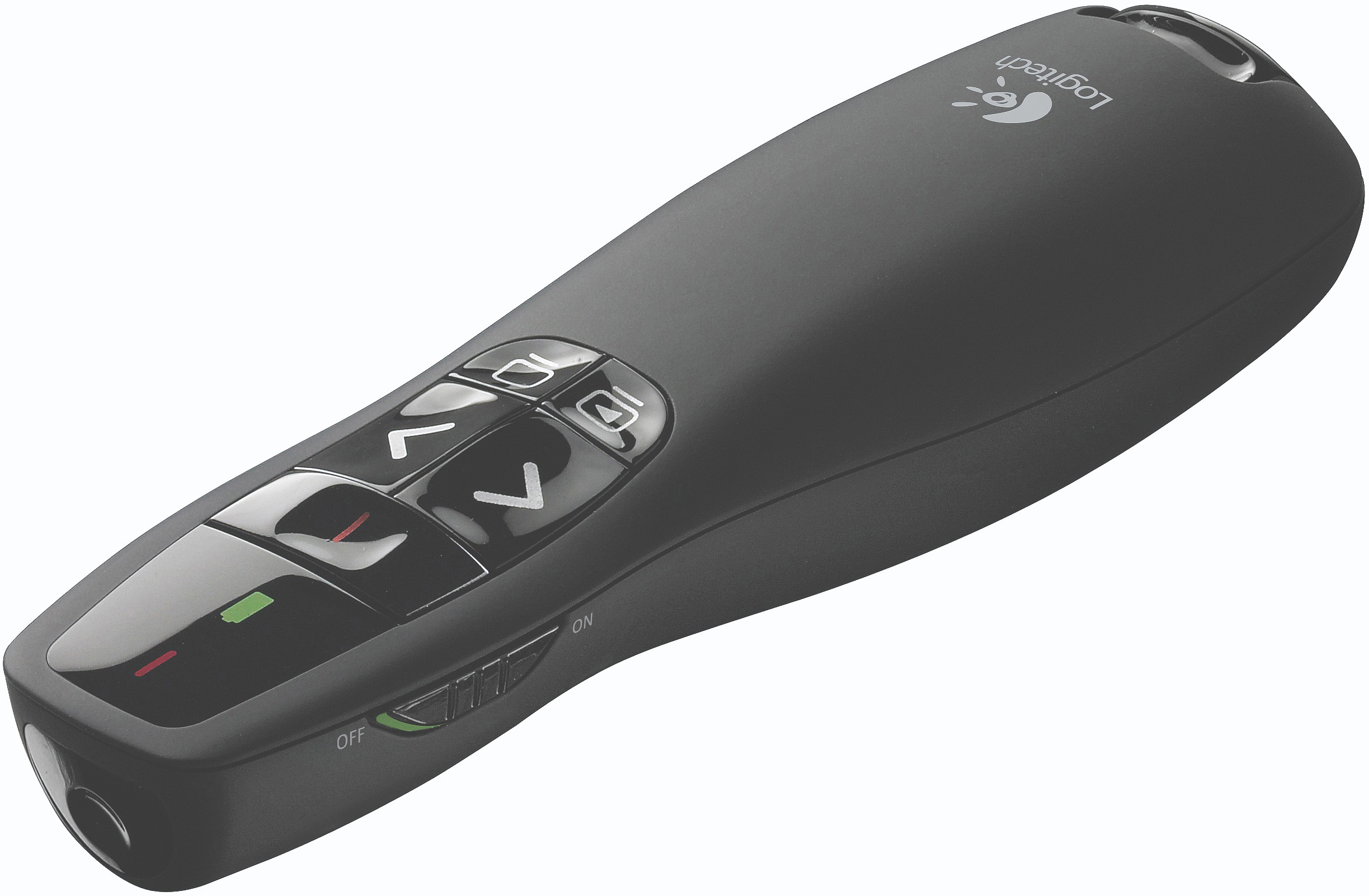 Black Logitech presentation remote with buttons and indicator lights.