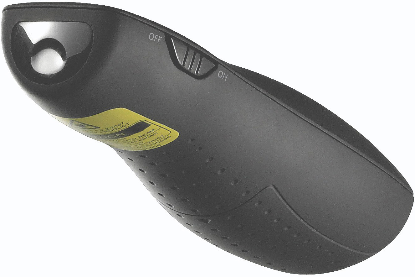 Black presentation remote with on/off switch and laser pointer.