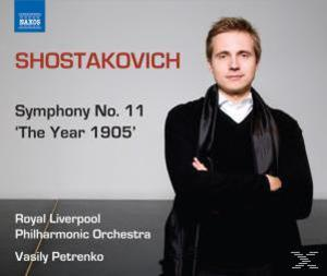 CD-Cover für Schostakowitschs Sinfonie Nr. 11. Zeigt einen Mann in einem schwarzen Mantel mit Text daneben.