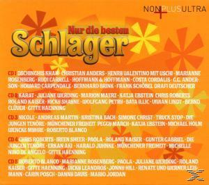 CD-Cover mit orangefarbenem Hintergrund und Text 'Nur die besten Schlager'. Namen von Sängern.