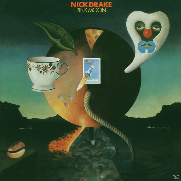 Albumcover für Nick Drakes Pink Moon, mit surrealen Elementen und einem becherförmigen Objekt.