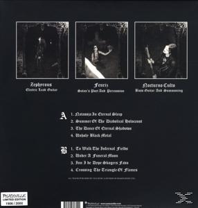 Schwarz-weiß Albumcover mit Text und Bandmitgliedernamen. Dunkler Hintergrund.
