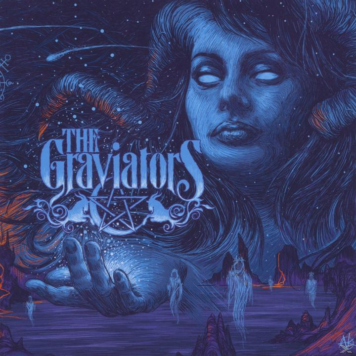 Albumcover: Blaue Frau mit Sternen, Hand hält Licht und Text 'The Graviators'.