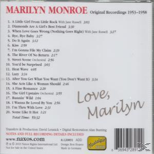 Albumcover für 'Love, Marilyn' mit Titelliste und dem Namen 'Marilyn Monroe'.
