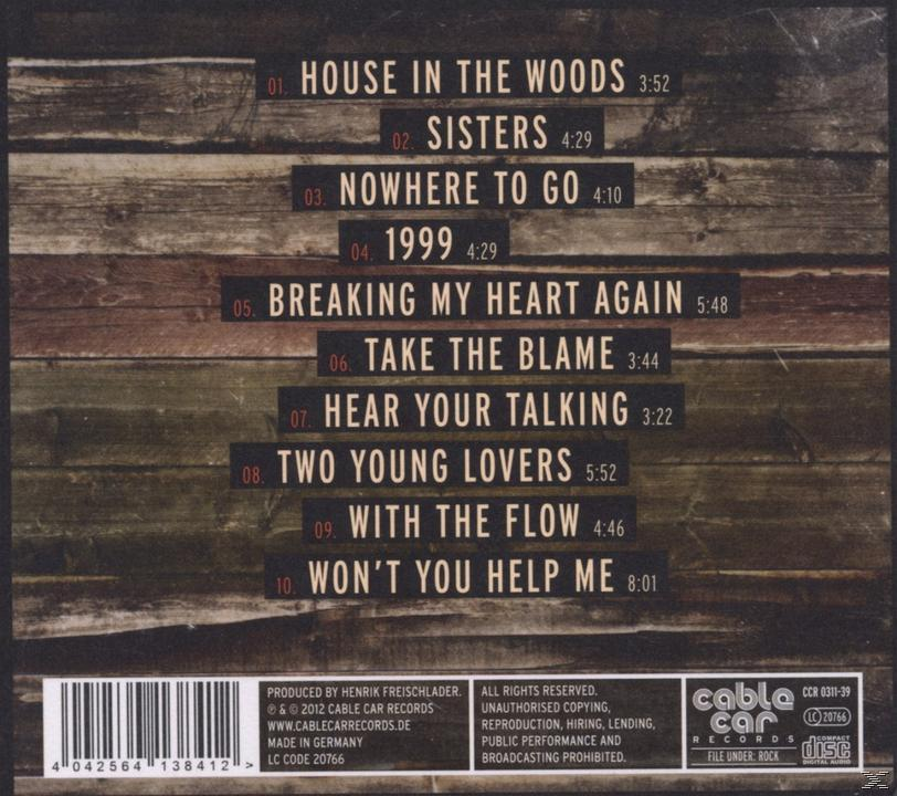 Rückseite eines Albums mit Songtiteln und Credits auf holzähnlichem Hintergrund.