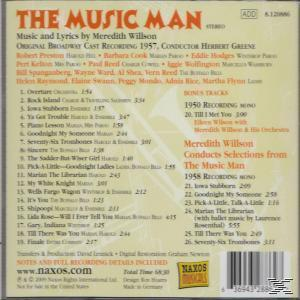 CD tok, The Music Man, szöveg a borítón, dalok listája és nevek, sárga háttér.