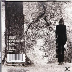 Rückseite eines CD-Cases. Frau in Schwarz steht in einem Wald. Baumstamm links und Text auf der Rückseite.