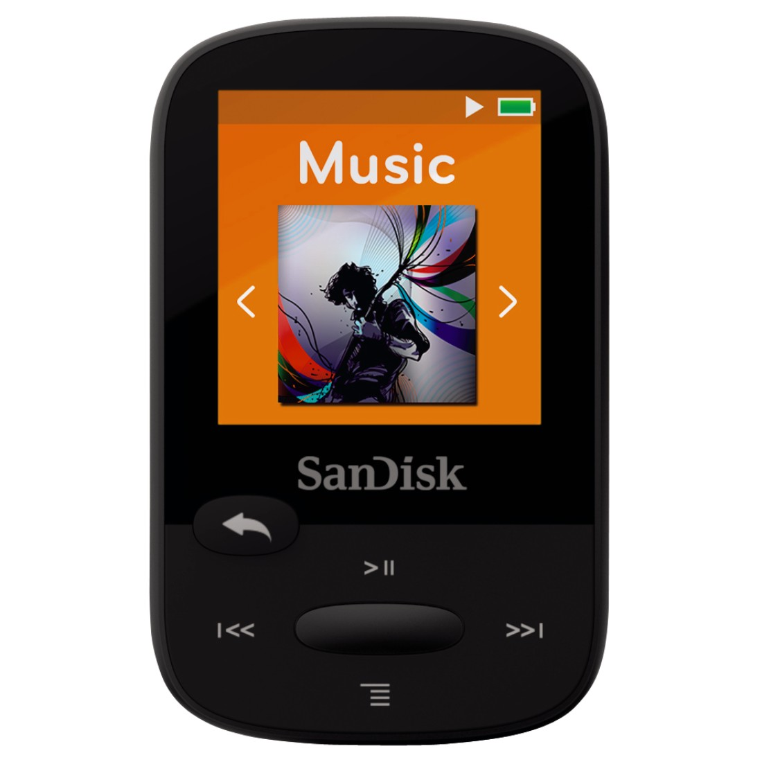 Schwarzer SanDisk MP3-Player mit einem Bildschirm, der eine Musikoberfläche mit farbigem Bild zeigt.