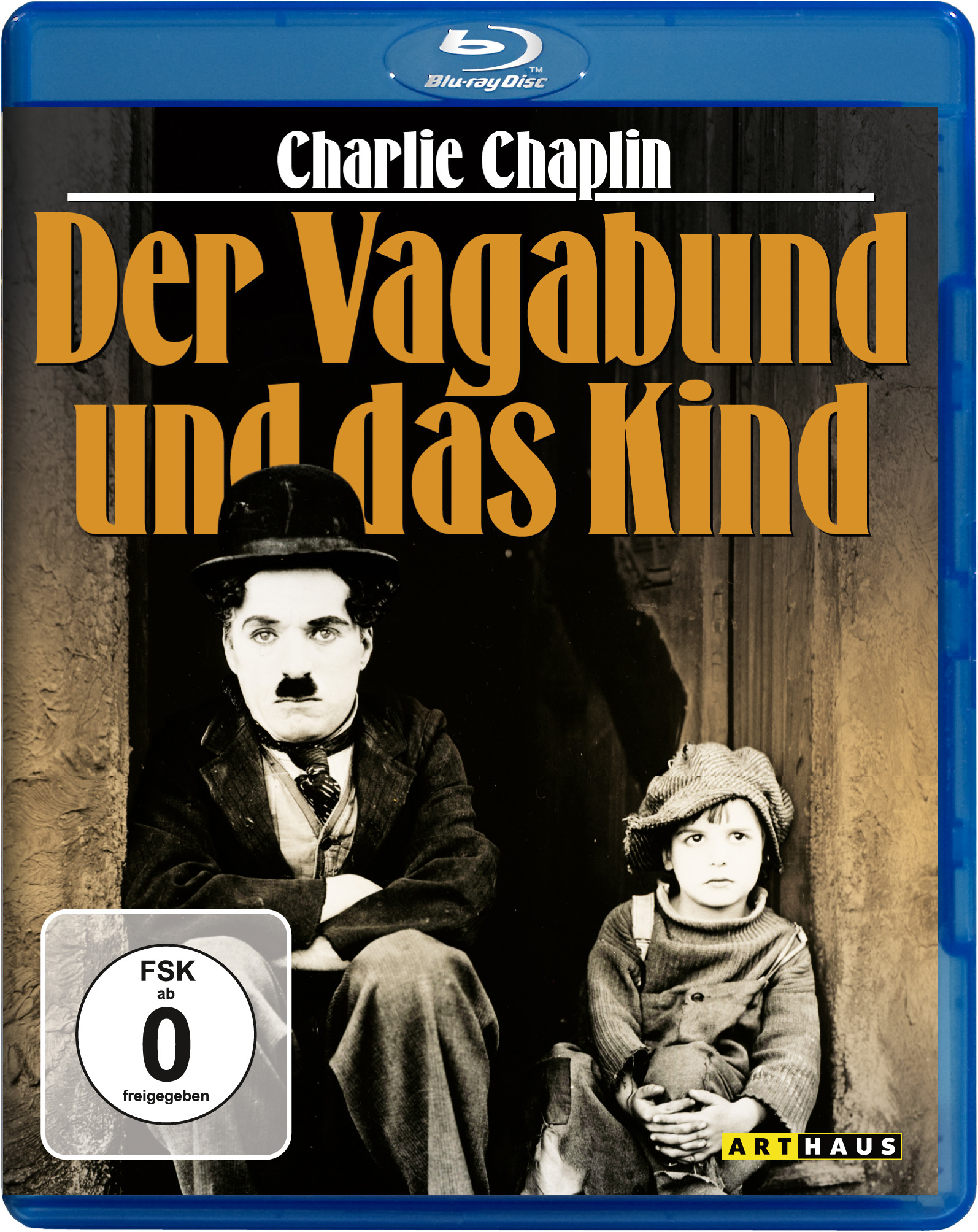 Blu-ray-Cover für Charlie Chaplins "Der Vagabund und das Kind". Chaplin und ein Kind sind drauf.