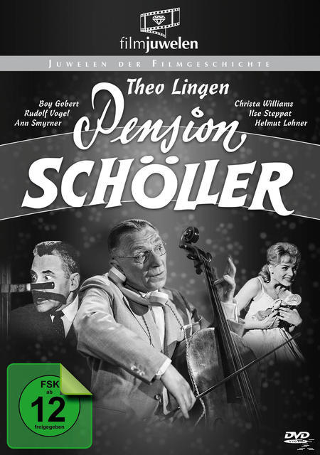 DVD-Cover für 'Pension Schöller'. Schwarz-Weiß-Bild von Menschen in einem theatralischen Ambiente.