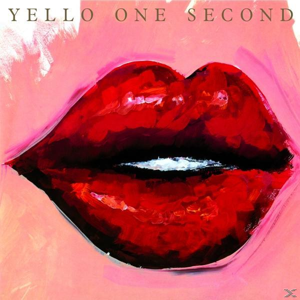 Ein Gemälde roter Lippen auf pinkfarbenem Hintergrund. Die Worte 'Yello' und 'One Second' stehen oben.