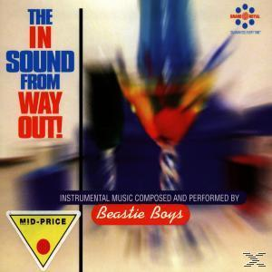 Album borító: 'The In Sound From Way Out!' a Beastie Boys-tól. Koktélokat, szöveget és egy sárga háromszöget ábrázol.