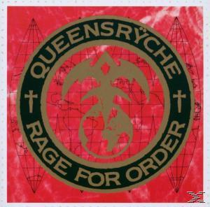 Albumcover für 'Queensrÿche - Rage for Order'. Roter Hintergrund mit schwarzem und goldenem Logo.