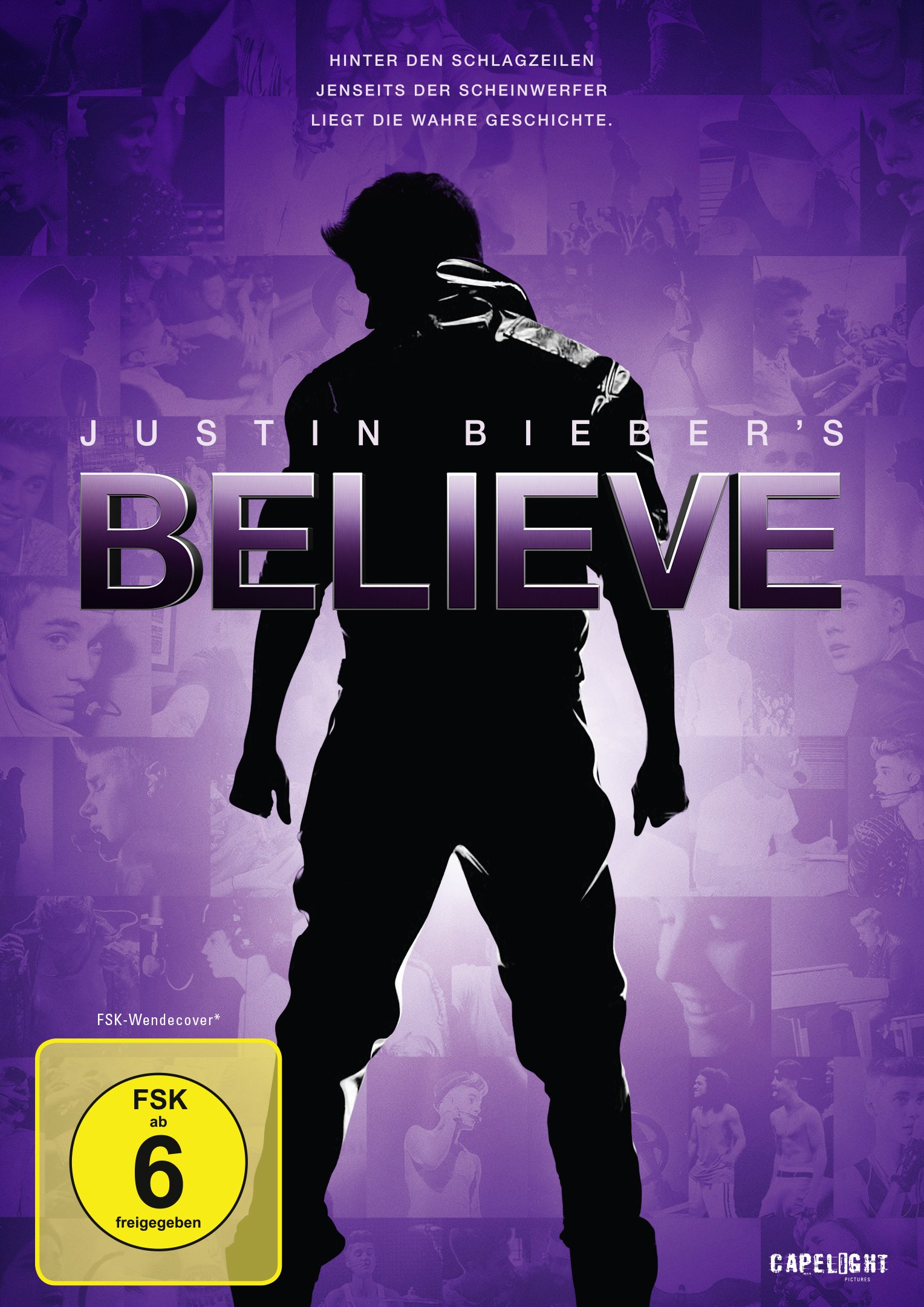 Filmcover mit Justin Bieber Silhouette, Titel 'Believe' und Bildern im Hintergrund.