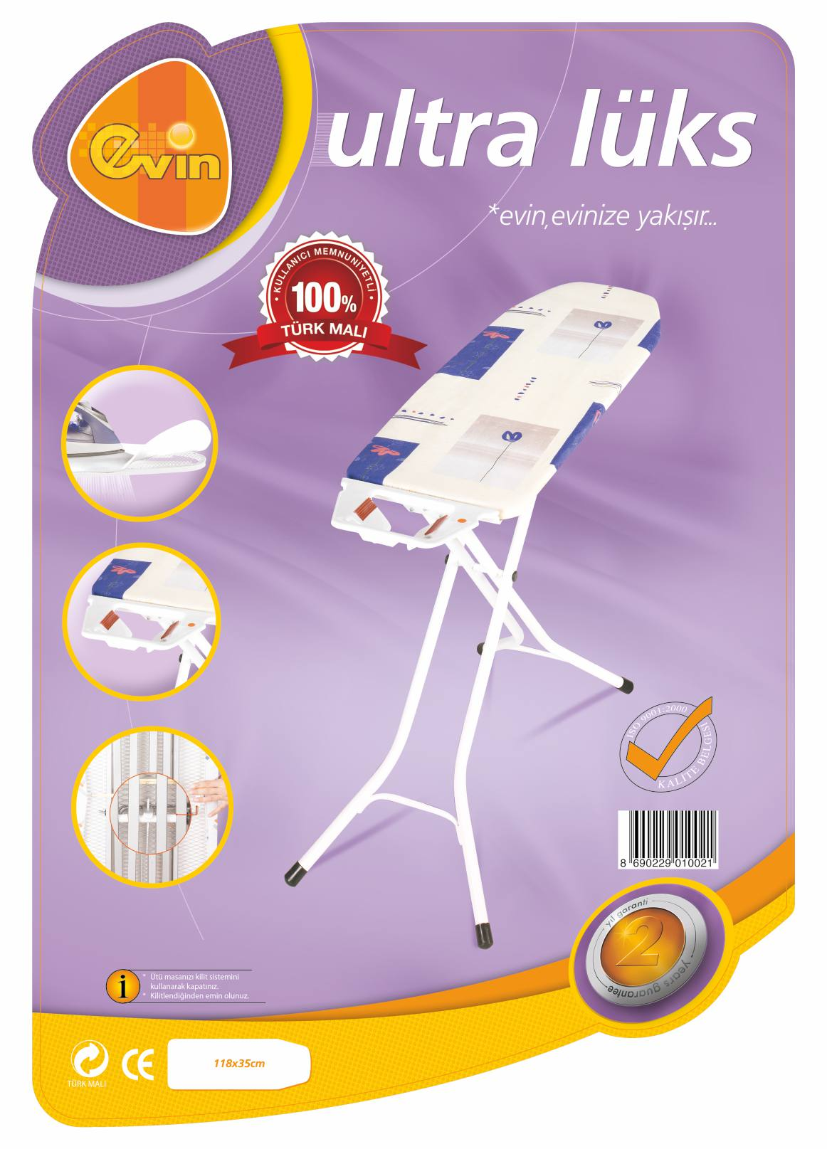 Türkçe metinli bir ütü masası. Arka plan renkli bir tasarımdır.