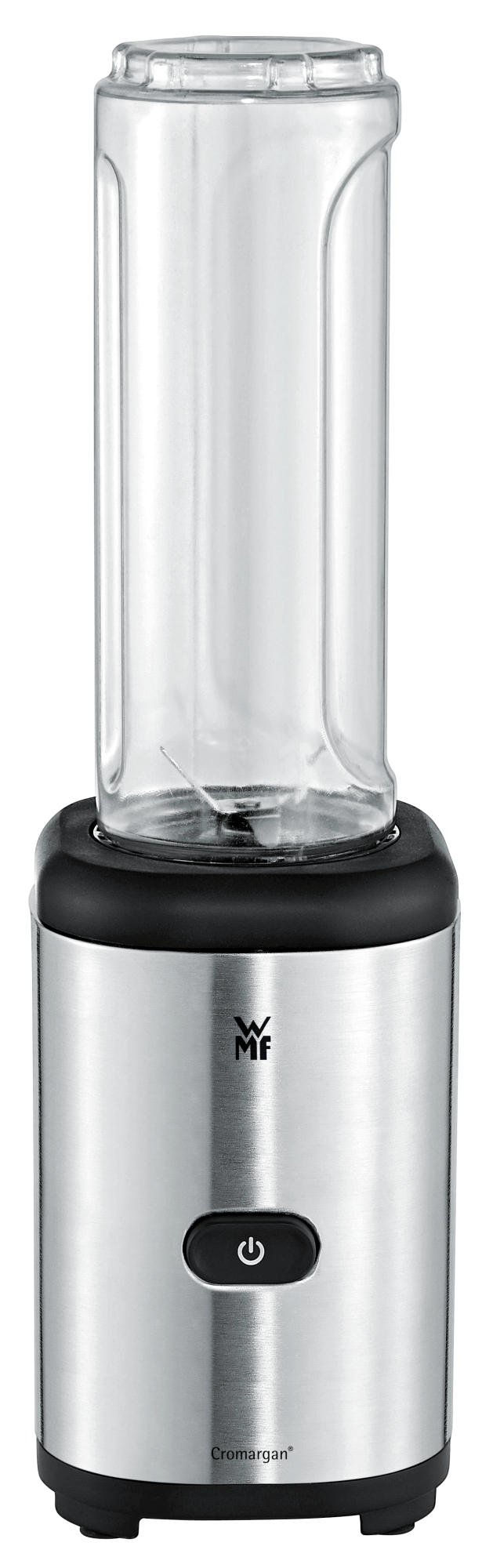 Ein silberner und schwarzer Mixer mit einem transparenten Behälter, Power-Taste.