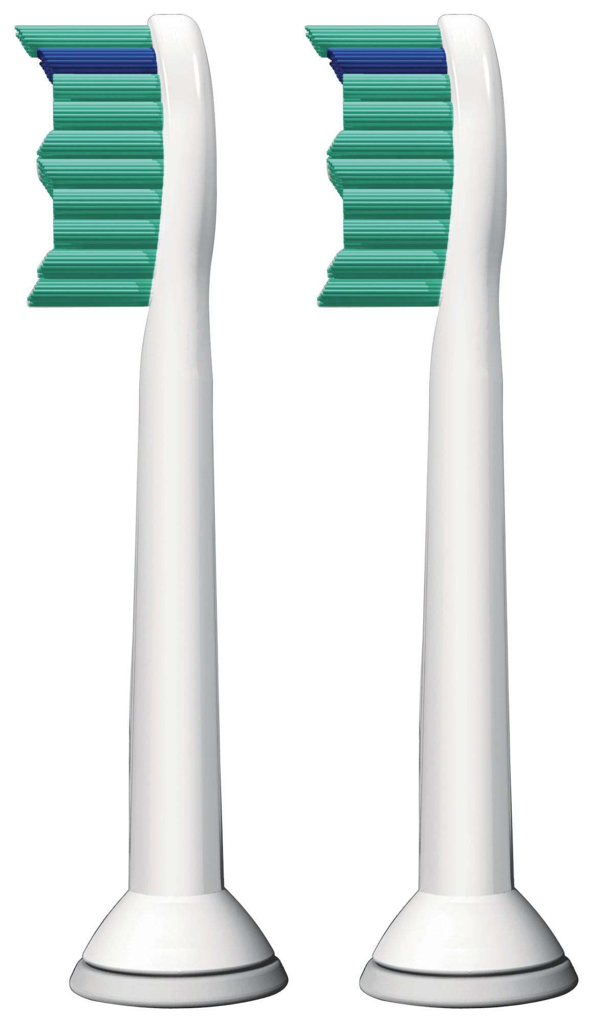 Two white toothbrush heads with green and blue bristles, side by side.