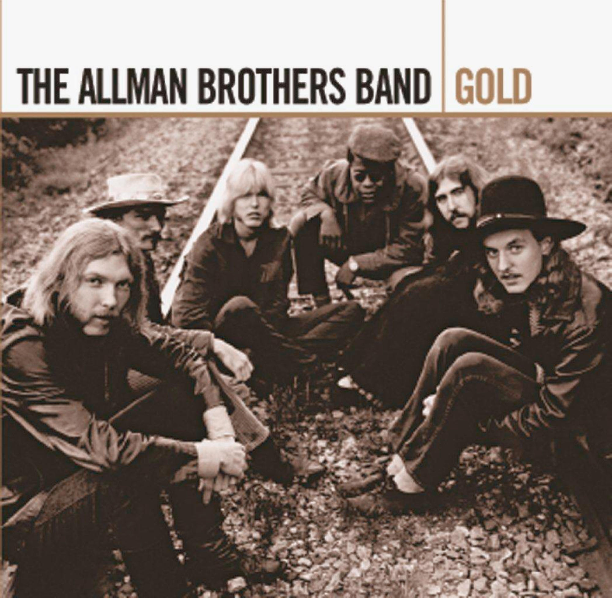 Album borító: The Allman Brothers Band, Gold, a zenekar tagjaival a vasúti síneken.