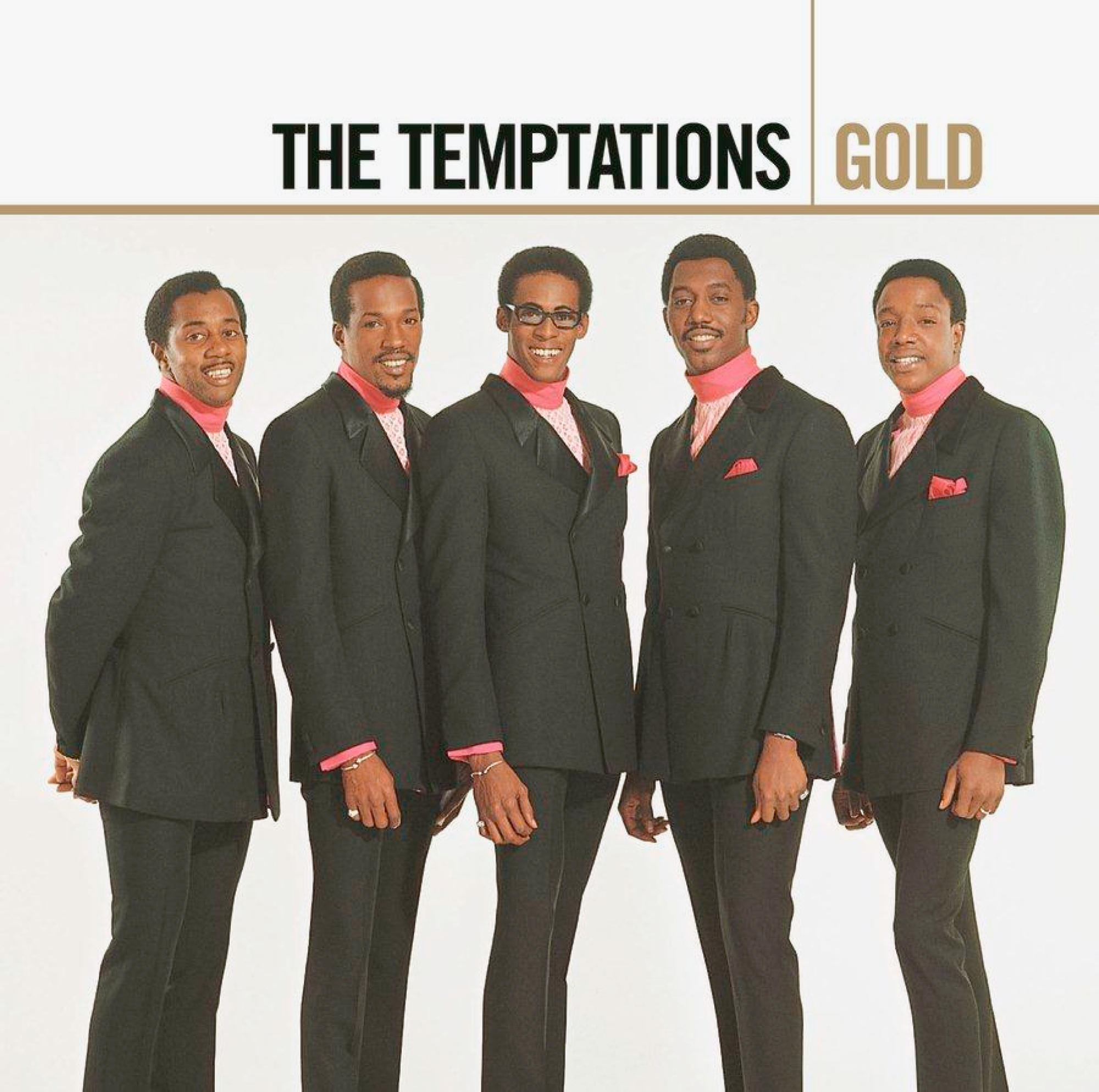 Das 'Gold'-Albumcover der Temptations mit fünf Männern in schwarzen Anzügen und rosa Akzenten.