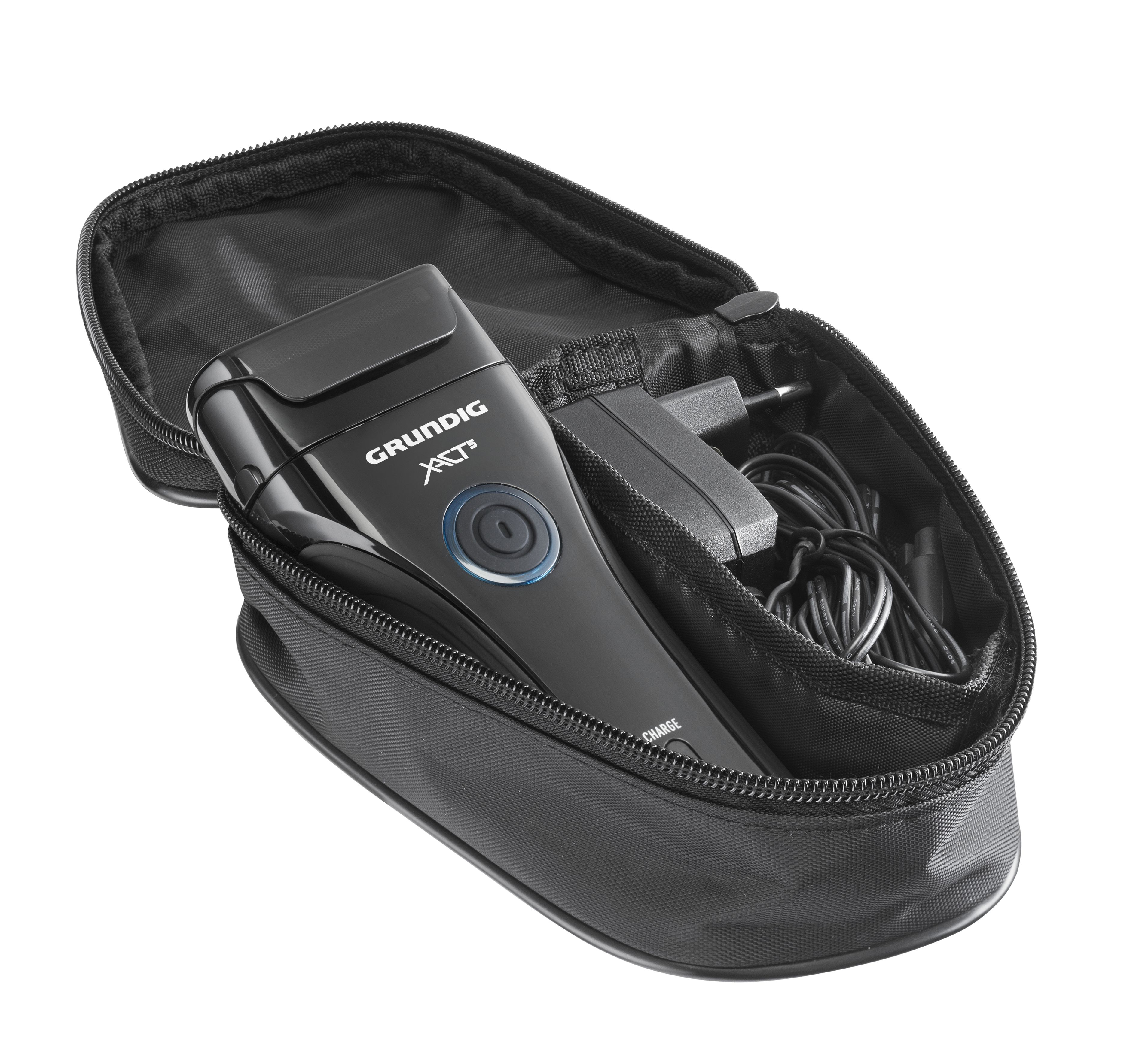 Ein schwarzer Grundig Xact Rasierer in einer schwarzen Reisetasche.