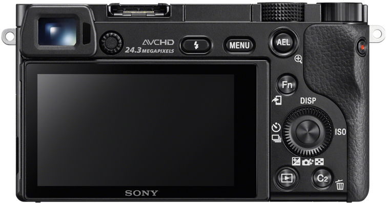 Rückansicht einer schwarzen Sony-Kamera. Bildschirm, Knöpfe und Bedienelemente sind sichtbar.