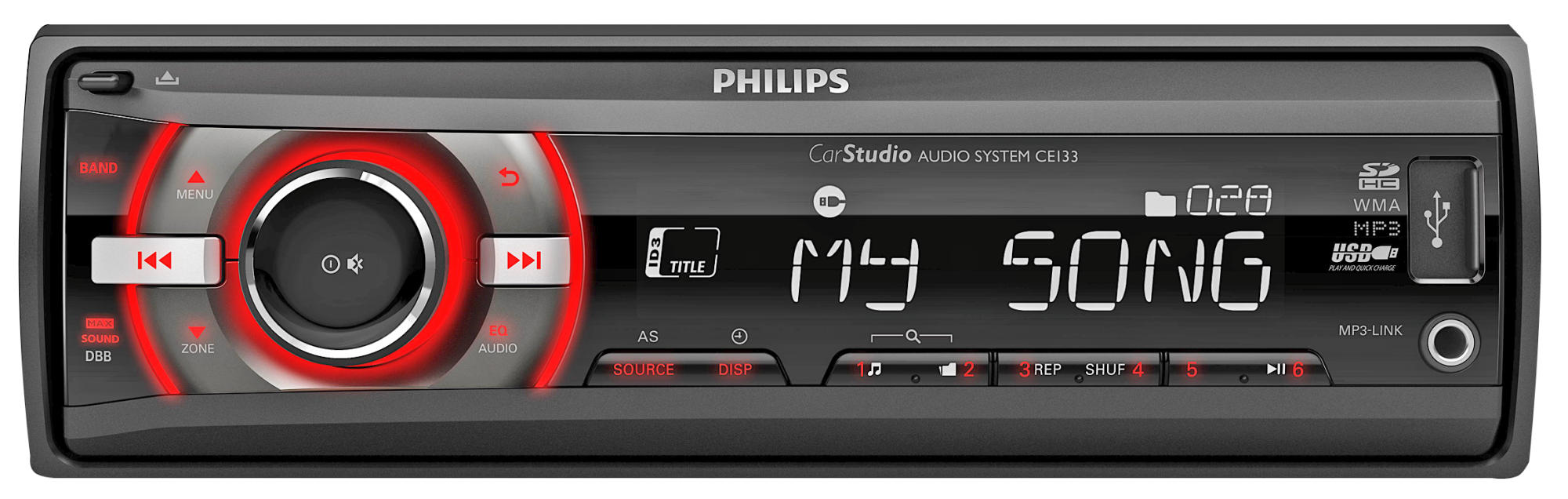 Autorradio - Philips CE133 Rojo, puerto USB, ranura tarjetas SDHC, MP3
