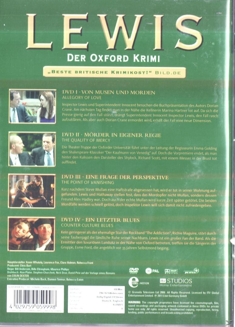 DVD-Cover der Fernsehserie Lewis. Grüner Hintergrund, Text und Fotos.