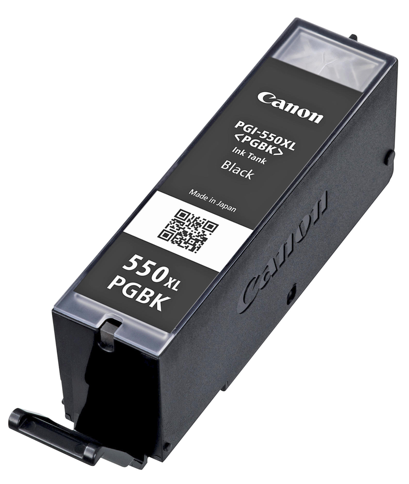 Zwarte Canon inktcartridge. Het label toont het cartridgetype, ‘550XL PGBK’ en ‘Made in Japan’.