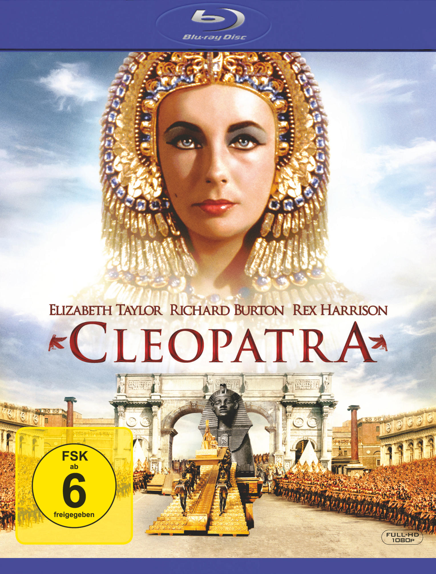 Blu-ray-Disc-Cover von Cleopatra. Elizabeth Taylors Porträt und eine historische Szene.