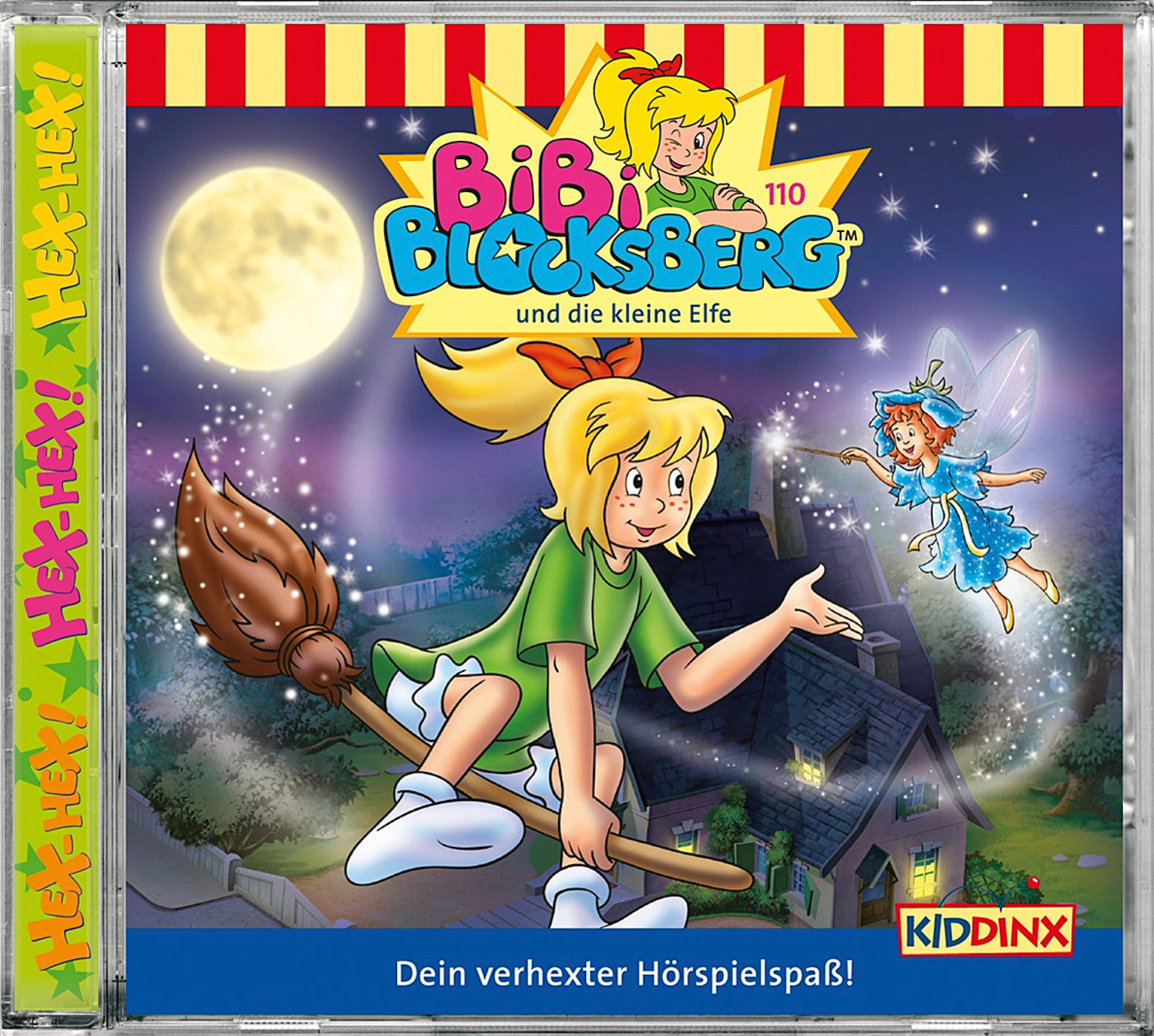 Bibi Blocksberg CD-Cover mit Cartoon-Hexe auf einem Besen und einer Fee.
