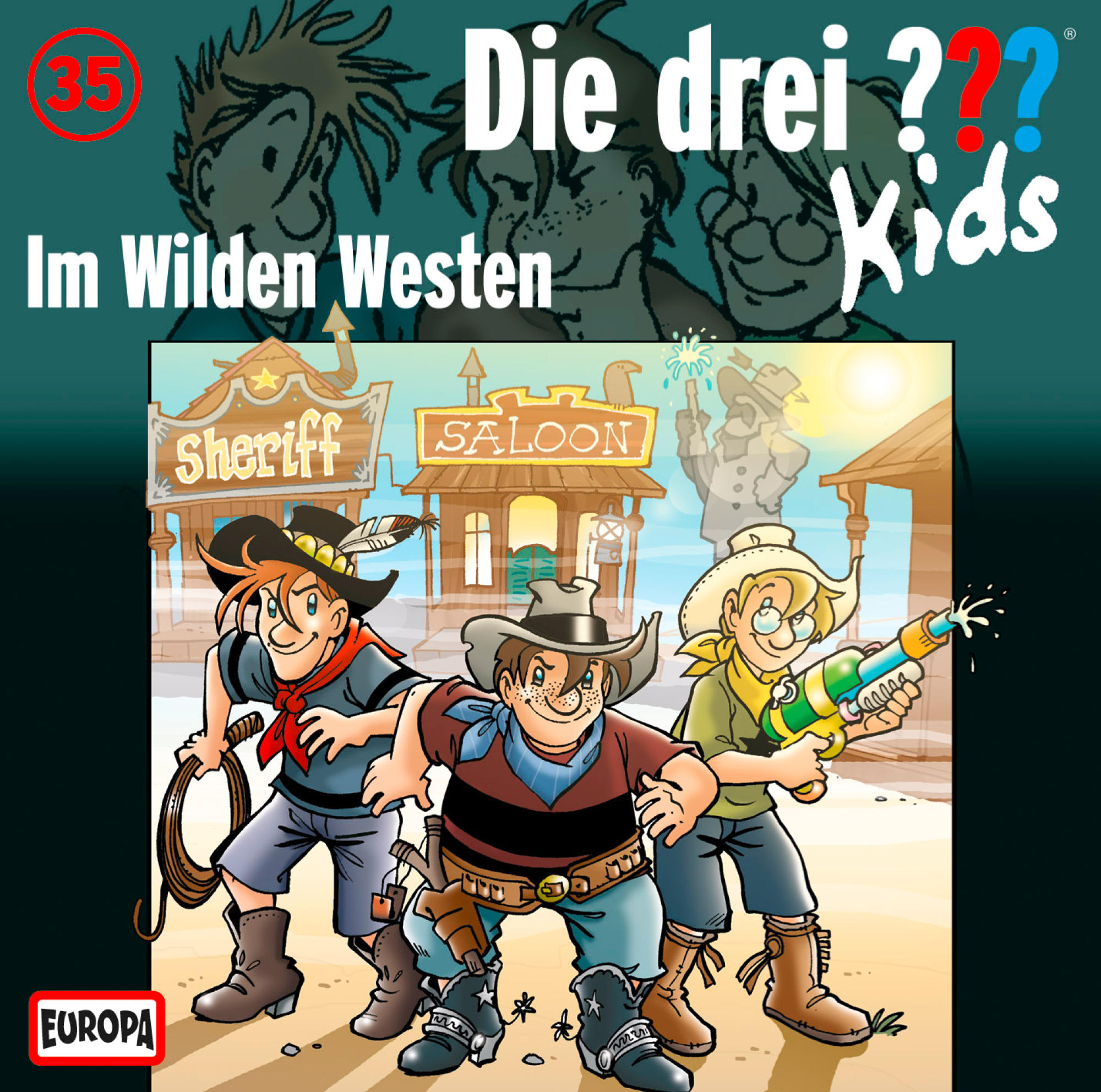 Comic-Cover. Drei Jungen in Cowboy-Kleidung. Titel: Die Drei ??? Kids, Im Wilden Westen, mit Sheriff-Schild.