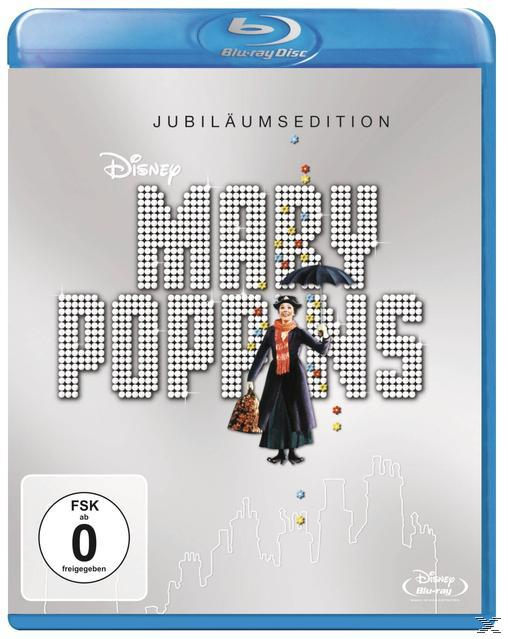 Blu-ray-Disc-Cover: 'Mary Poppins' mit Illustration und Text auf blauem Hintergrund.
