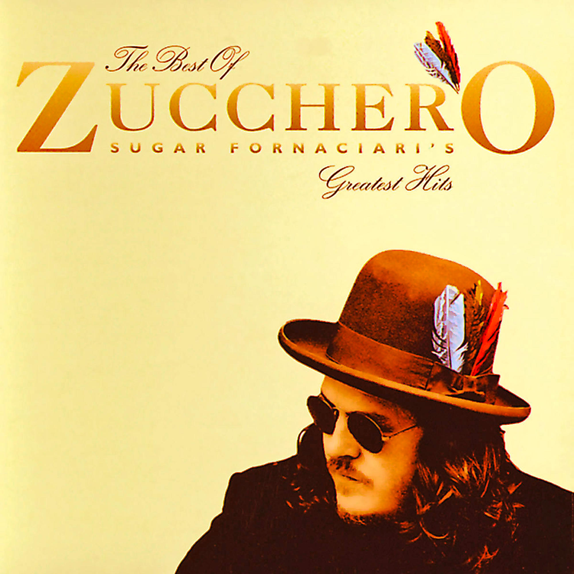 Albumcover von Zucchero. Das Bild zeigt einen Mann mit Hut und Sonnenbrille. Der Text 'The Best Of Zucchero' ist sichtbar.