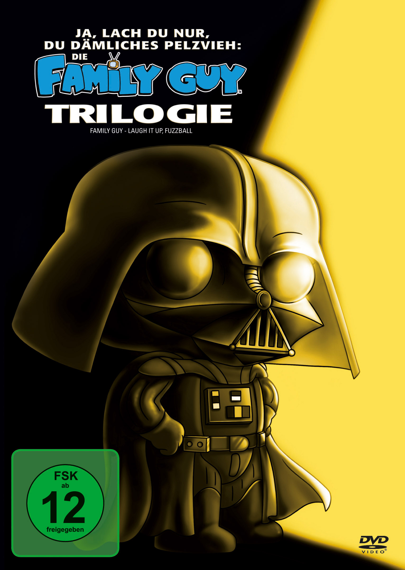 Family Guy DVD-Cover: Darth Vader im Family-Guy-Stil. Titel: Family Guy Trilogie. Gelber Hintergrund.