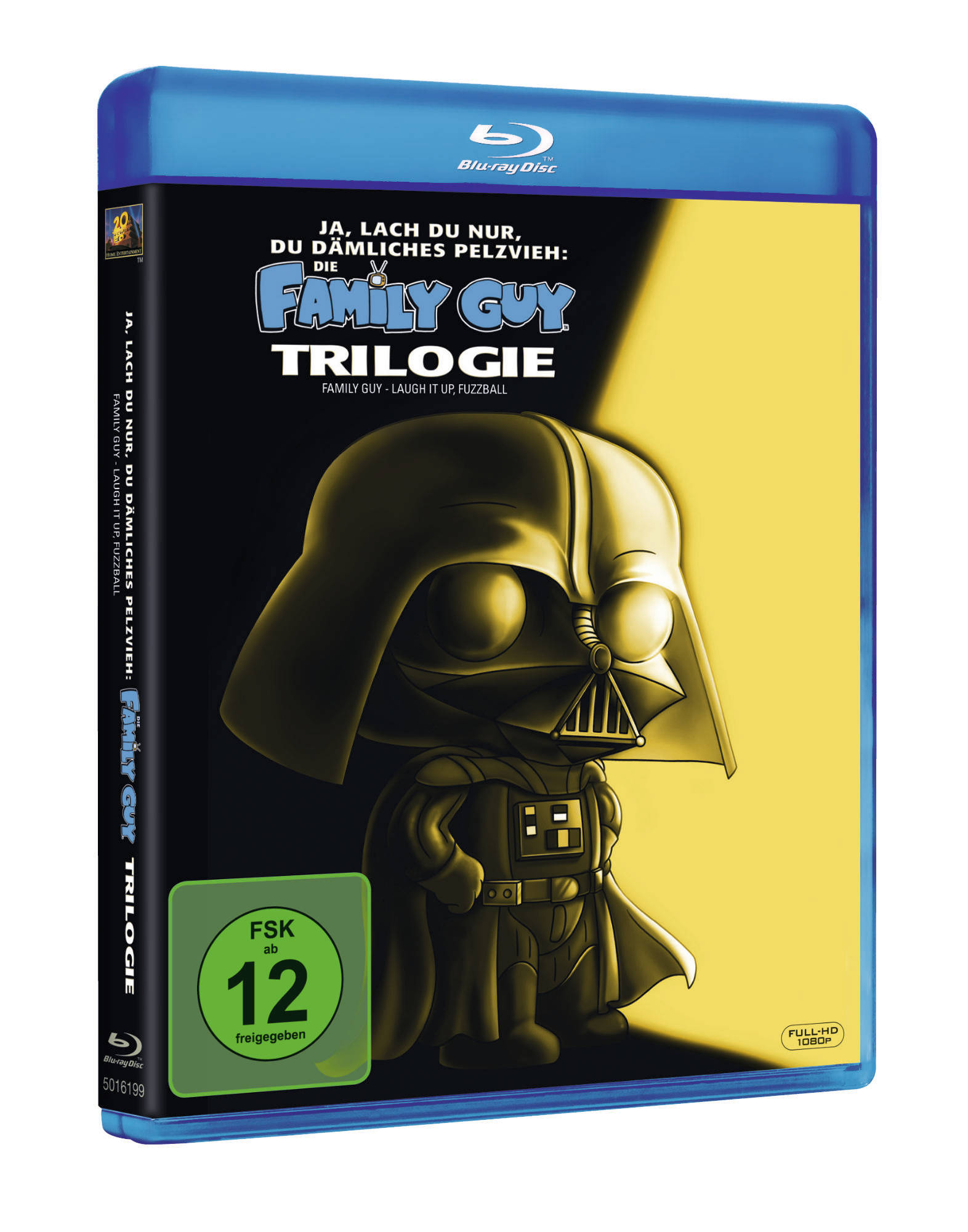 Blu-ray-Hülle mit Darth Vaders Kopf. Gelb-schwarzer Hintergrund, deutscher Text und ein Bewertungsaufkleber.