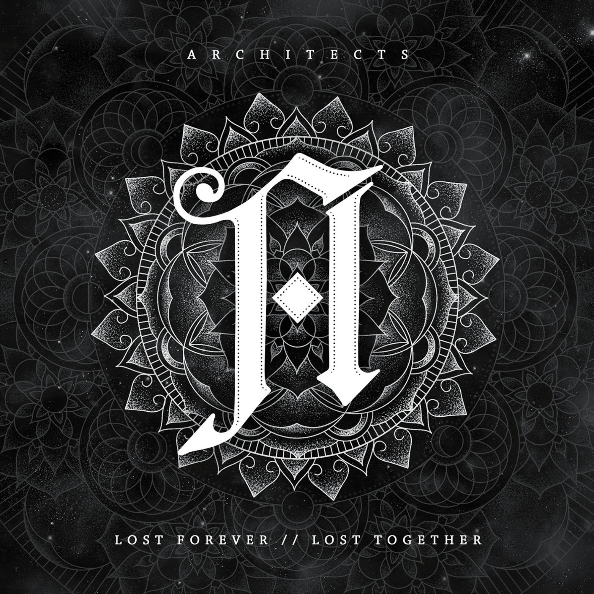 Albumcover für Architects, mit weißem Logo auf dunklem, gemustertem Hintergrund. Text.