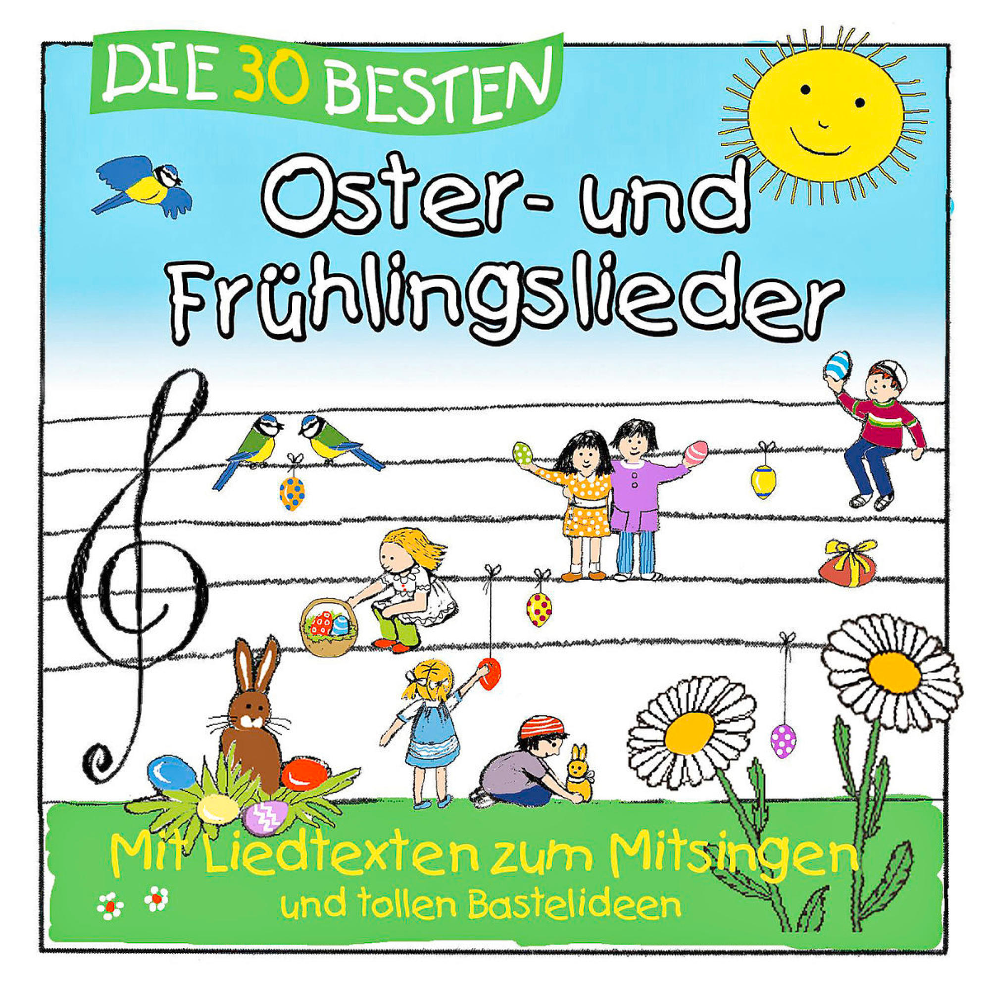DVD-Cover mit Kindern, Ostereiern, Blumen und Text über Osterlieder.