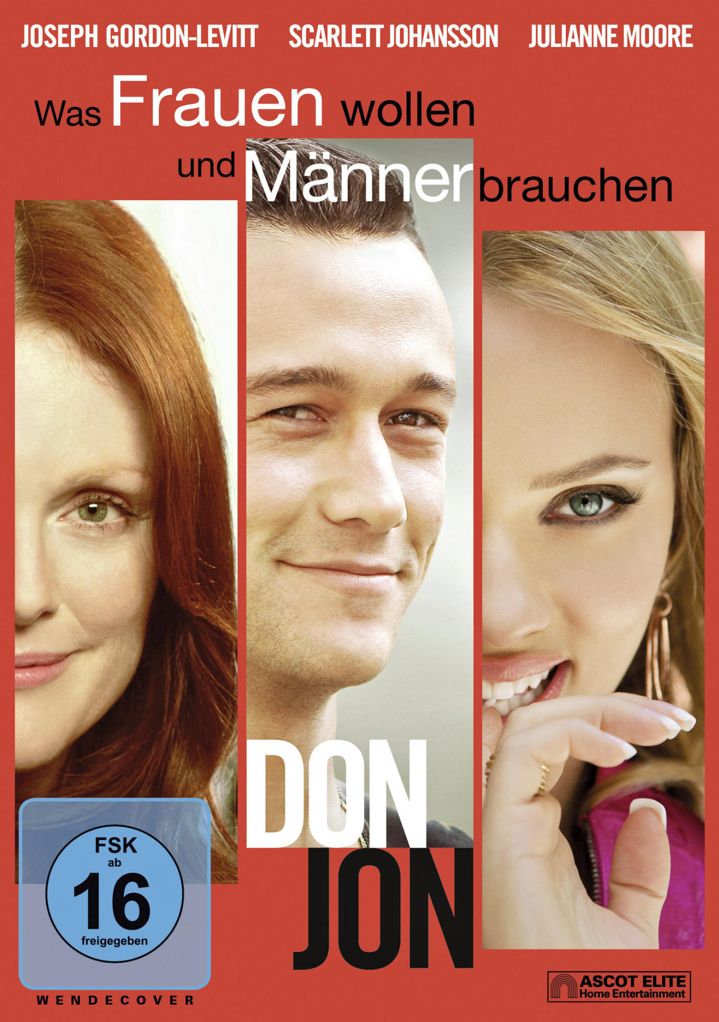 Filmposter mit Gesichtern von Frauen und Männern, Titel Don Jon, roter Hintergrund.