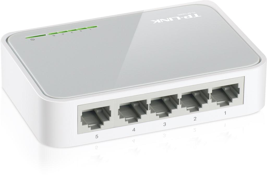 Weißer TP-Link Switch mit fünf nummerierten Anschlüssen und grünen Kontrollleuchten.