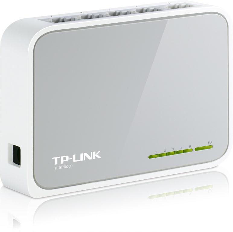 Ein weiß-grauer TP-Link Netzwerk-Switch mit fünf nummerierten Ports und einer Stromanzeige.