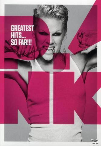 Pink's Greatest Hits Albumcover mit Pink, die in eine Kette beißt.