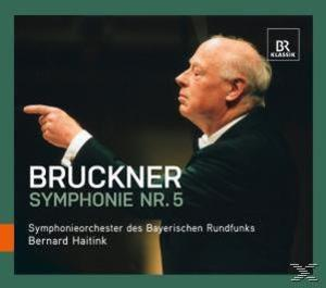 Albumcover mit Dirigenten, Text 'Bruckner Symphonie Nr. 5', grüner Hintergrund.