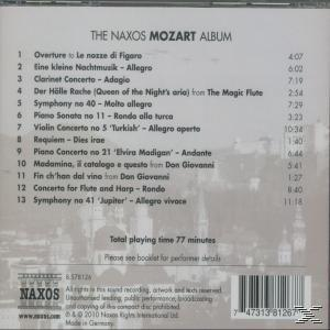 Rückseite einer CD-Hülle mit Titellisten aus dem Naxos Mozart Album. Eine Stadtszene ist im Hintergrund.