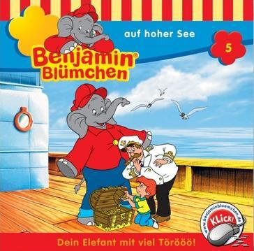 Cartoonbild: ein Elefant, ein Kapitän, ein Junge, Schatz und Möwen.